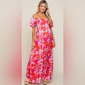 PinkBlush Floral Smocked Ruffle Short Sleeve Maternity Maxi Dress